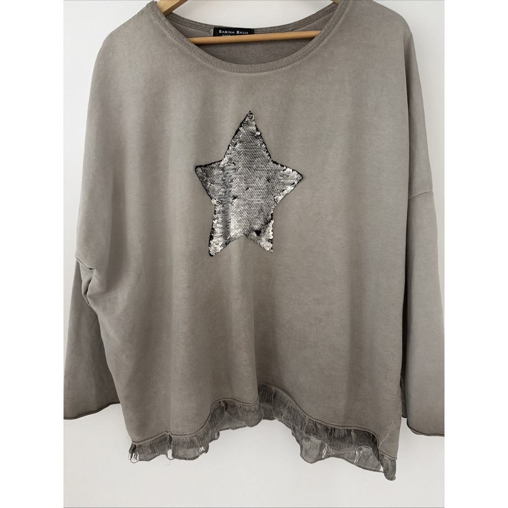 Sabina Bach Sequins Star Taupe Relaxed Pullover L/XL Boho Casual Italy Artsy